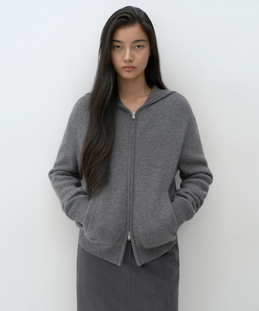 MUSINSA STANDARD WOMAN [Victoria Wool] Women'S Minimal Ribbed Hooded Knit Zip-Up [Heather Grey]