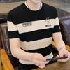 Letnia koszulka męska Colorblock Paski Cienkie, oddychające krótkie rękawy Luźny dekolt w kształcie litery O, haftowany napis Pulower w dużych rozmiarach Casual Codzienny top biurowy
