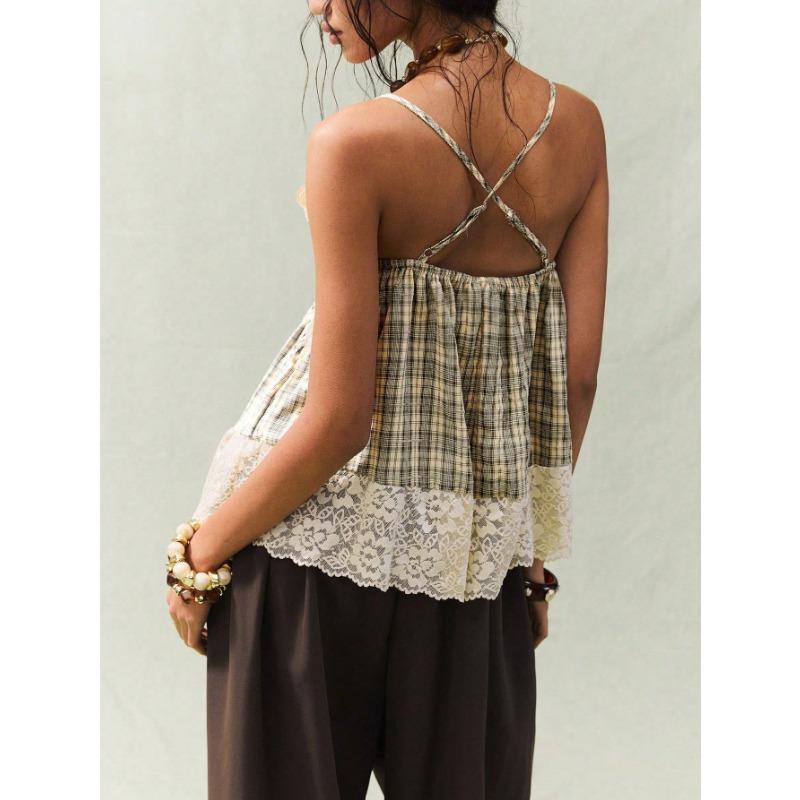 Womens Lace Plaid Patchwork Cami Top V Neck Spaghetti Strap Casual Sleeveless Blouse