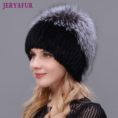 Chapeau de Mode en Vison Véritable pour Femmes Chapeaux d'Hiver en Fourrure de Renard Argenté de Haute Qualité Dame Bonnets Tricotés Chauds et Épais Casquette Patchwork