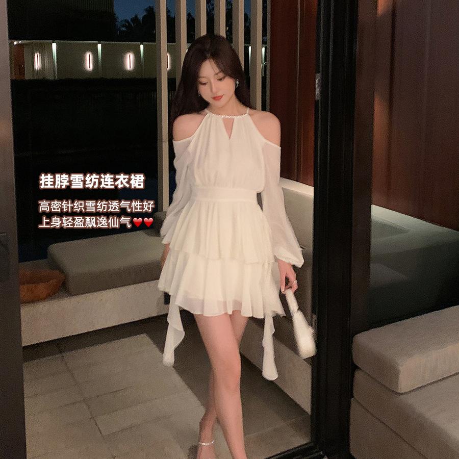 Summer French neck off-the-shoulder chiffon dress fairy coffee break skirt high-end seaside vacation tutu skirt