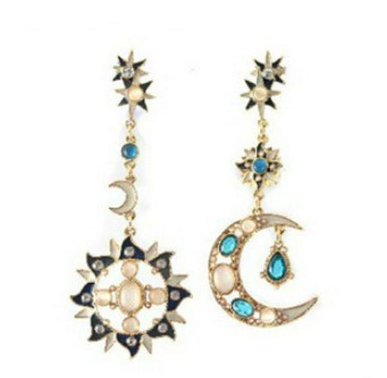 Korean Style Rhinestone Cat Eye Stone Sun Moon Asymmetrical Stud Earrings