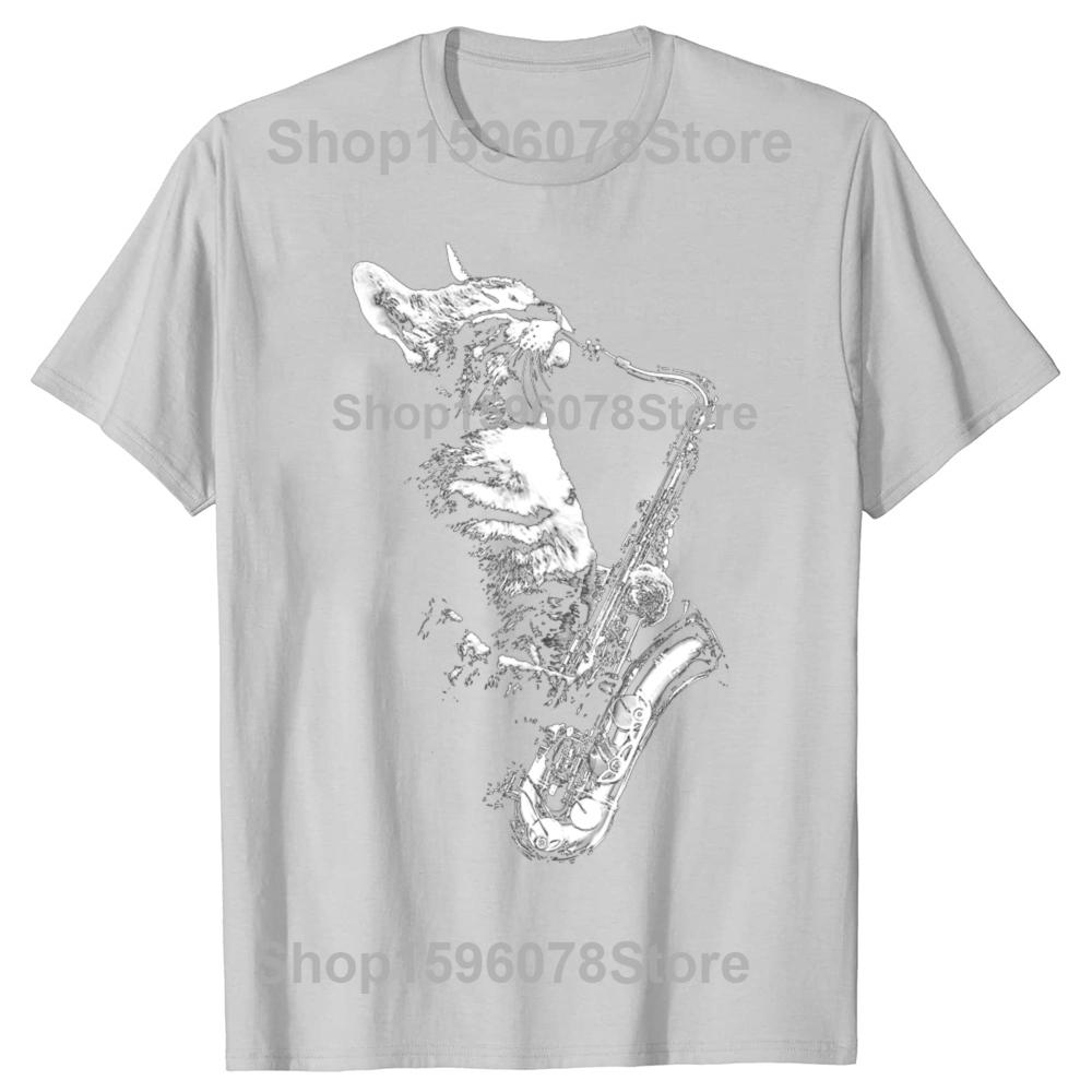 Funny Cat Playing Saxophone Cat Jazz Sax Music Saxophonist T Shirts Cotton Humor Tee Shirt Short Sleeve Unisex Loose Clothing