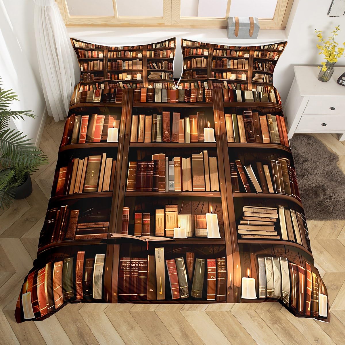 Vintage Bibliothek Bettbezug Retro Bücherregal Bettwäsche-Set Literarische Bücher Thema Steppdeckenbezug King Queen Polyester Bettdeckenbezug EU Single(135x200cm) black