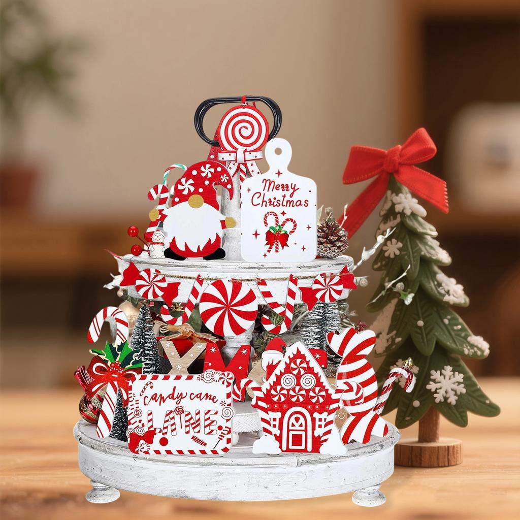 Festive Christmas Tiered Tray Decor Set with Colorful Gnomes and Wooden Farmhouse Accents for Home and Party Décor