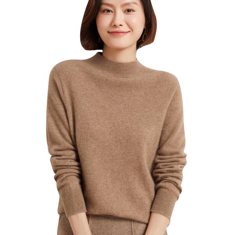 2024 Fall/Winter Women's 100% Wool Semi-High Neck Loose Knitted Sweater