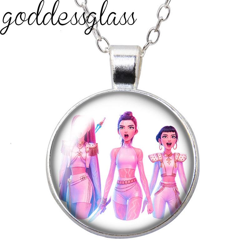 K-Pop Demon Hunter Anime Film Rumi Zoey Mira Cartoon Round Photo Glass cabochon silver plated pendant necklace jewelry Gift