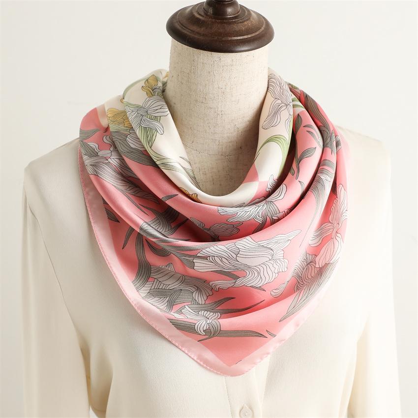 New 71cm Premium Flower Small Square Scarf Spring and Summer Simulated Silk Printing Silk Scarf Women's Thin Scarf Sunscreen Headscarf