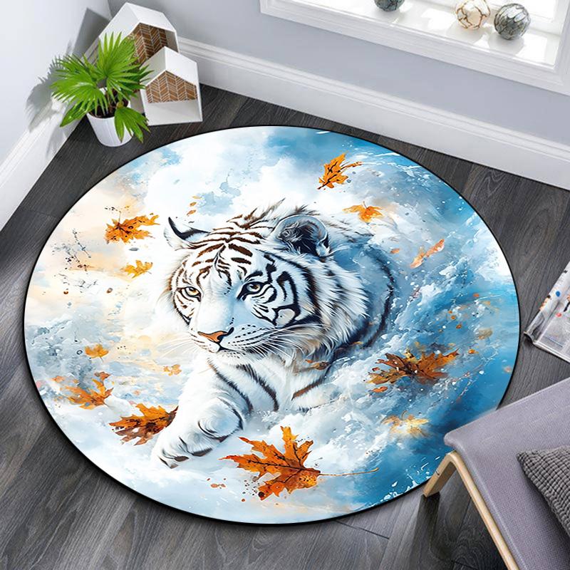 White Tiger with Falling Leaves Round Area Rug,Carpet Rug for Living Room Bedroom Sofa Playroom Decor,Non-slip Floor Mat