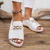 Women's Thick Bottom Platform Sandals - White Slip In, Gold Buckle, Flat Bottom, Open Toe Design, PU Sole, Synthetic Inner and Upper, Casual Shoes