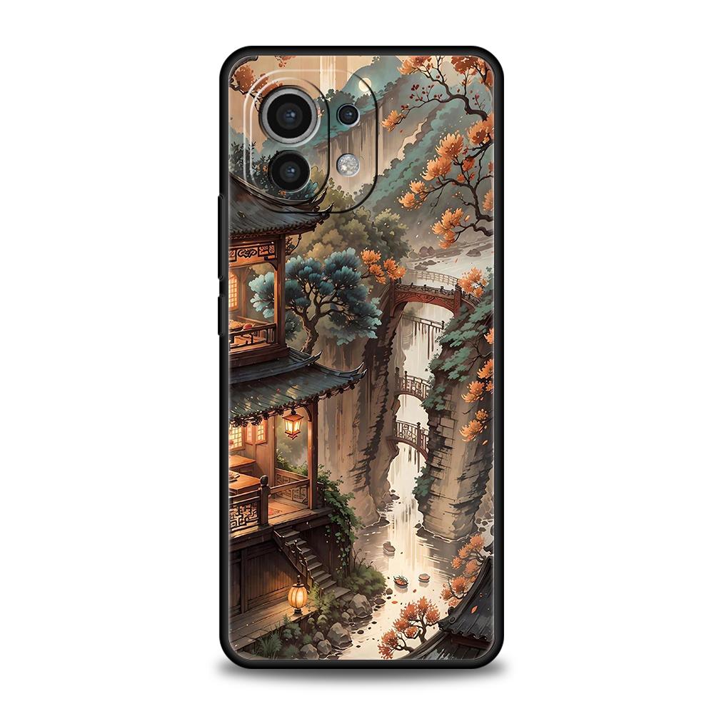 Phone Case Cover for Xiaomi Poco F7 F6 F5 F4 F3 X7 X6 X5 X4 X3 NFC M4 C51 C55 GT Pro 5G Soft TPU Chinese Architecture Landscape
