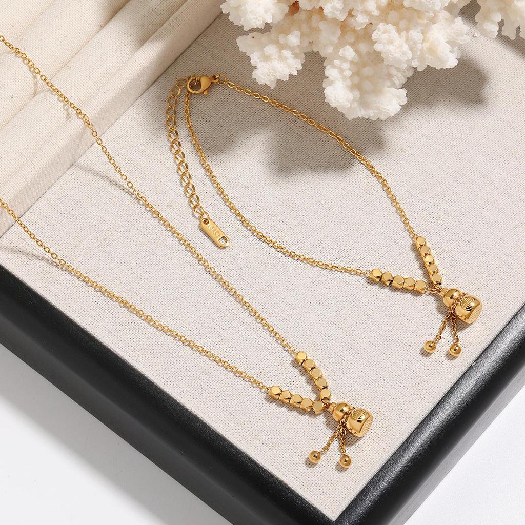 Elegant Geometric Fu Character Gourd Necklace & Anklet Jewelry Set in Titanium Steel