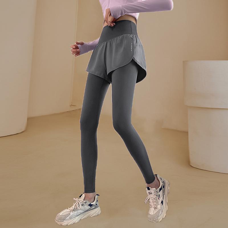 Fake Two-piece Fitness Pants Women's High-waisted Elastic Tight Running Pants Skirt Quick-drying Sweatpants Autumn Yoga Trousers Look Thin