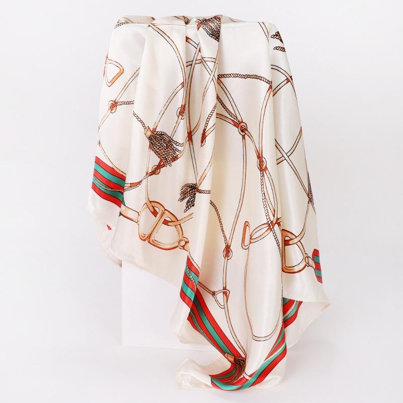 Versatile chain 90cm silk scarf square scarf high-end women's shawl retro printing satin bag headscarf
