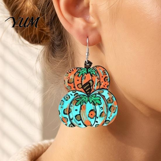 Decorative Leopard Print Earrings 1 Pair Fall Pumpkin Earrings, Acrylic Dangle Wooden Halloween Drop Statement Thanksgiving Autumn Jewelry for