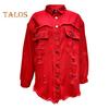 Women Denim Jacket Retro Single-breasted Ripped Hole Turn-down Collar Long Sleeves Solid Color Flap Pockets Lady Coat Commuting Shopping Coat
