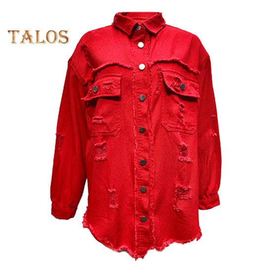 Women Denim Jacket Retro Single-breasted Ripped Hole Turn-down Collar Long Sleeves Solid Color Flap Pockets Lady Coat Commuting Shopping Coat