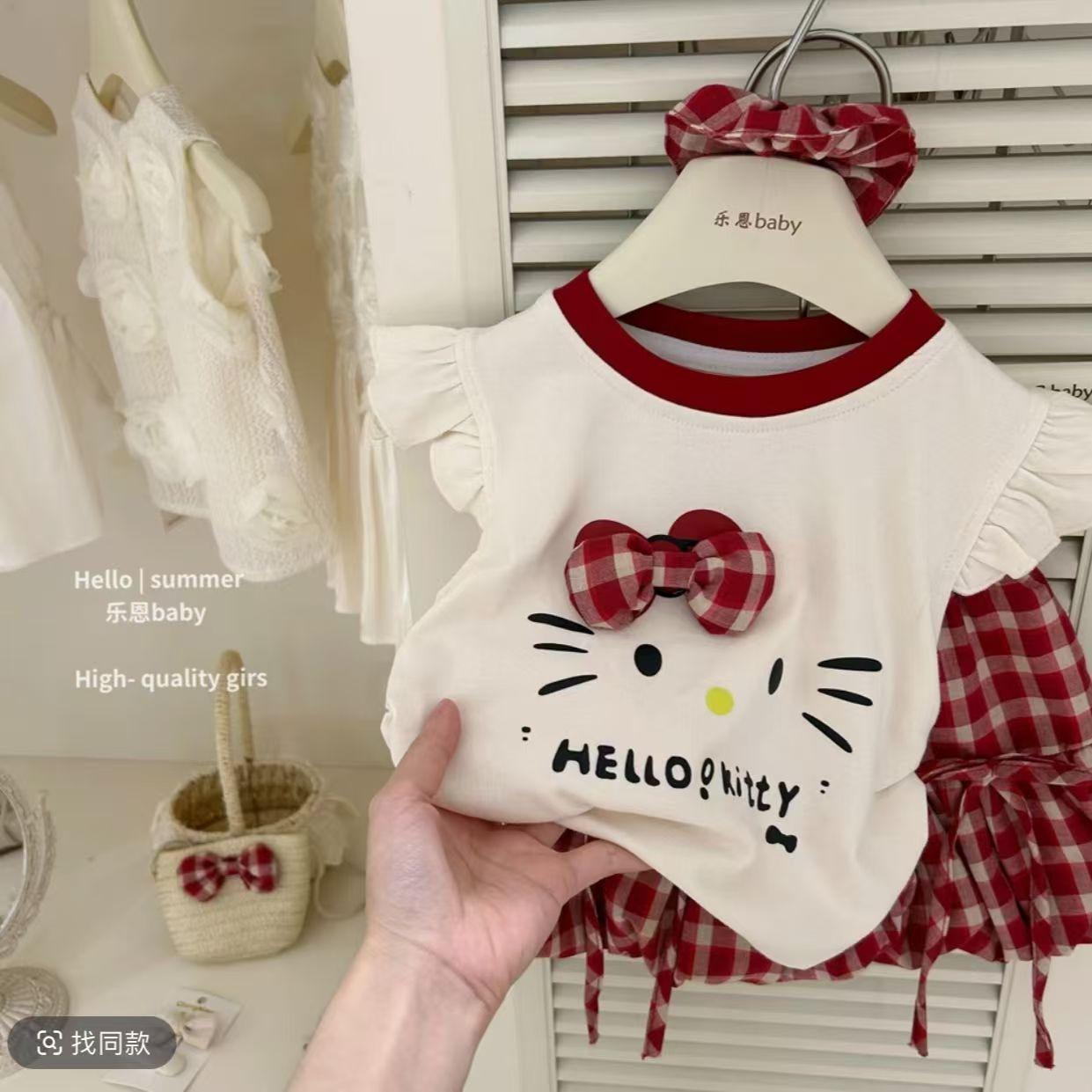 Girls Summer Red Bow Tie Vest And Plaid Pants Set Cute Fashionable Baby Girl Two Piece Outfit Top And Bottoms 80
