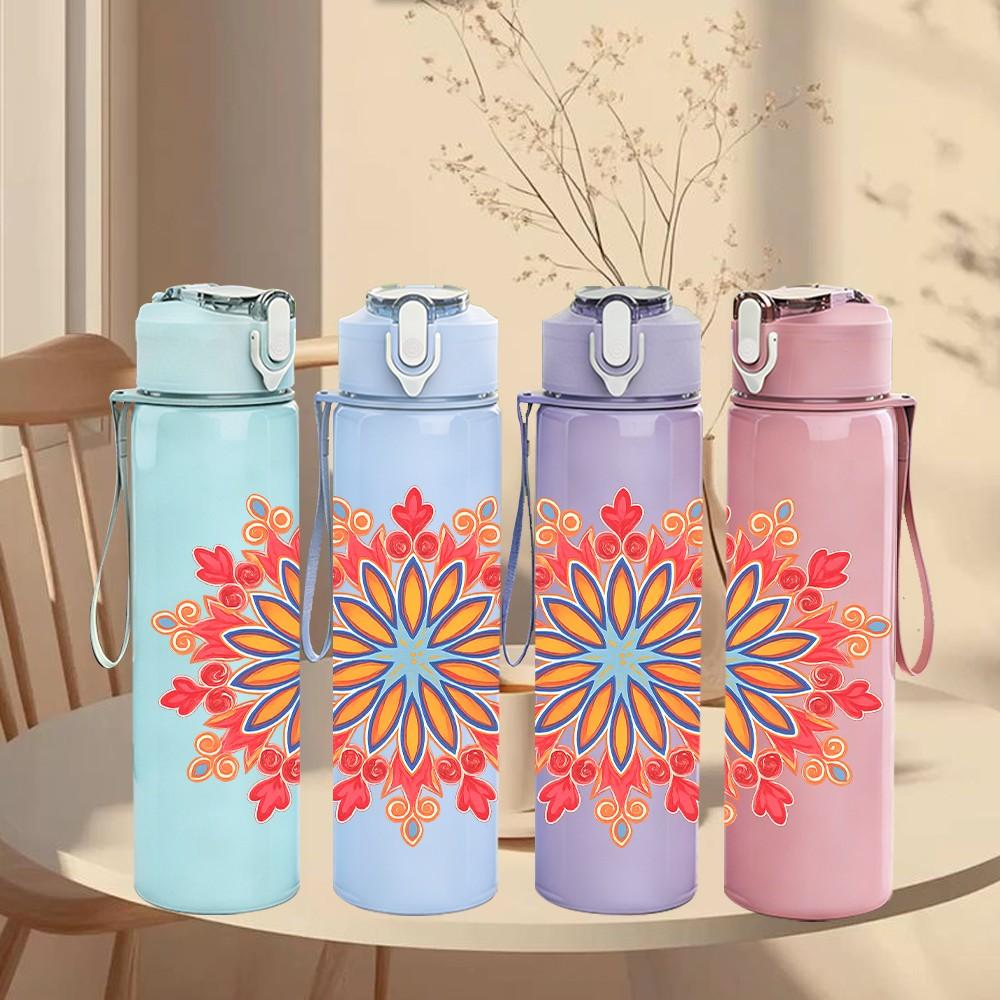 1PC Peach Floral Mandala Design 750ml Color Plastic Sports Water Bottle Leakproof Flip Straw Lid Suitable for Sports Office Home Use