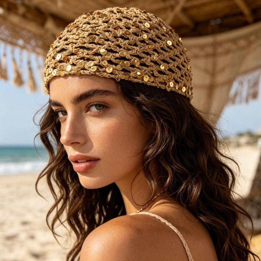 Solid Color Hollowed Out Knitted Hat Thin Bohemian Style Beanies Crochet Sequined Hat Pullover Hat