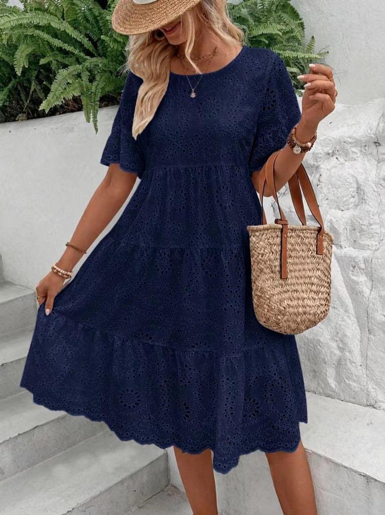 European Fashion 2025: Solid Color Cotton Embroidered Lace Dress