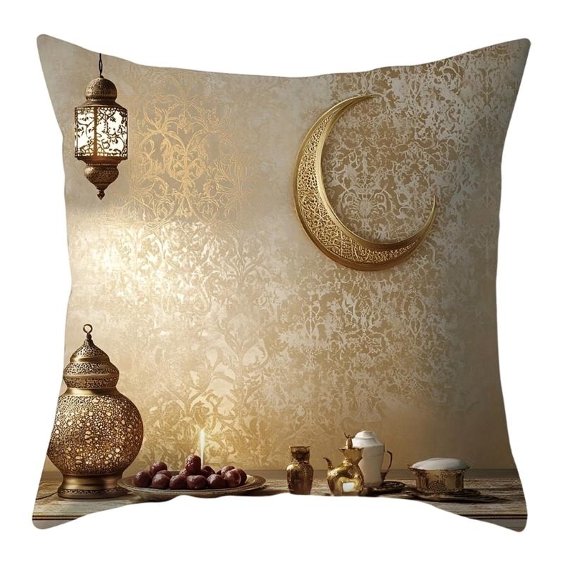 Soft Short Plush Cushion Cover Gold Moon Ethnic Festival Print 45x45cm Standard Size for Home Decoration