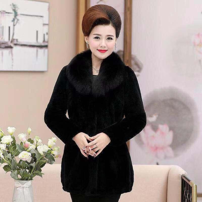 Medium and old new imitation Rex rabbit hair imitation fur jacket for women's medium and long imitation fox fur collar large size thickened