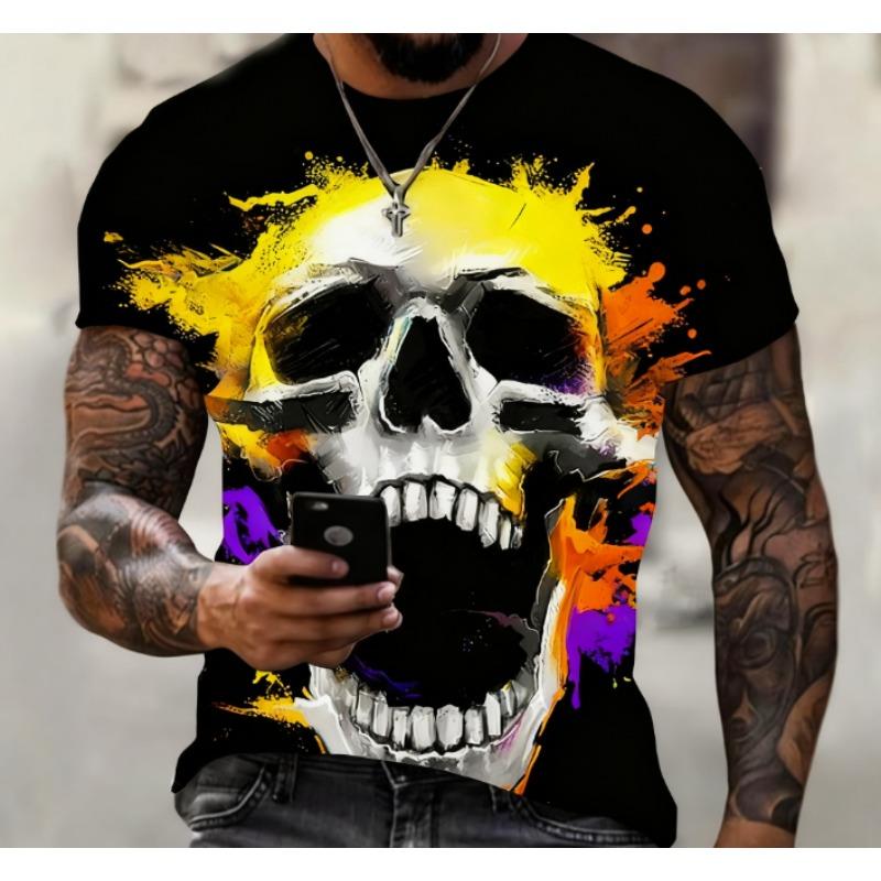 Men's Halloween Sports T-shirt 3D Neutral Skull Print Round Neck Short Sleeved Casual, Comfortable and Fashionable Top