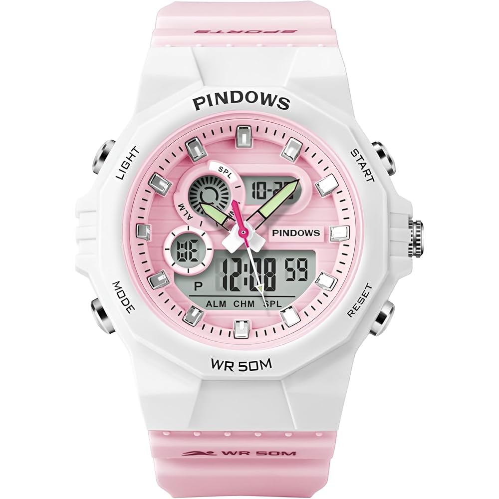 Kids Digital Watch Outdoor Multi-Function Waterproof Alert Date Day Display LED Analog Digital Watch Pink White