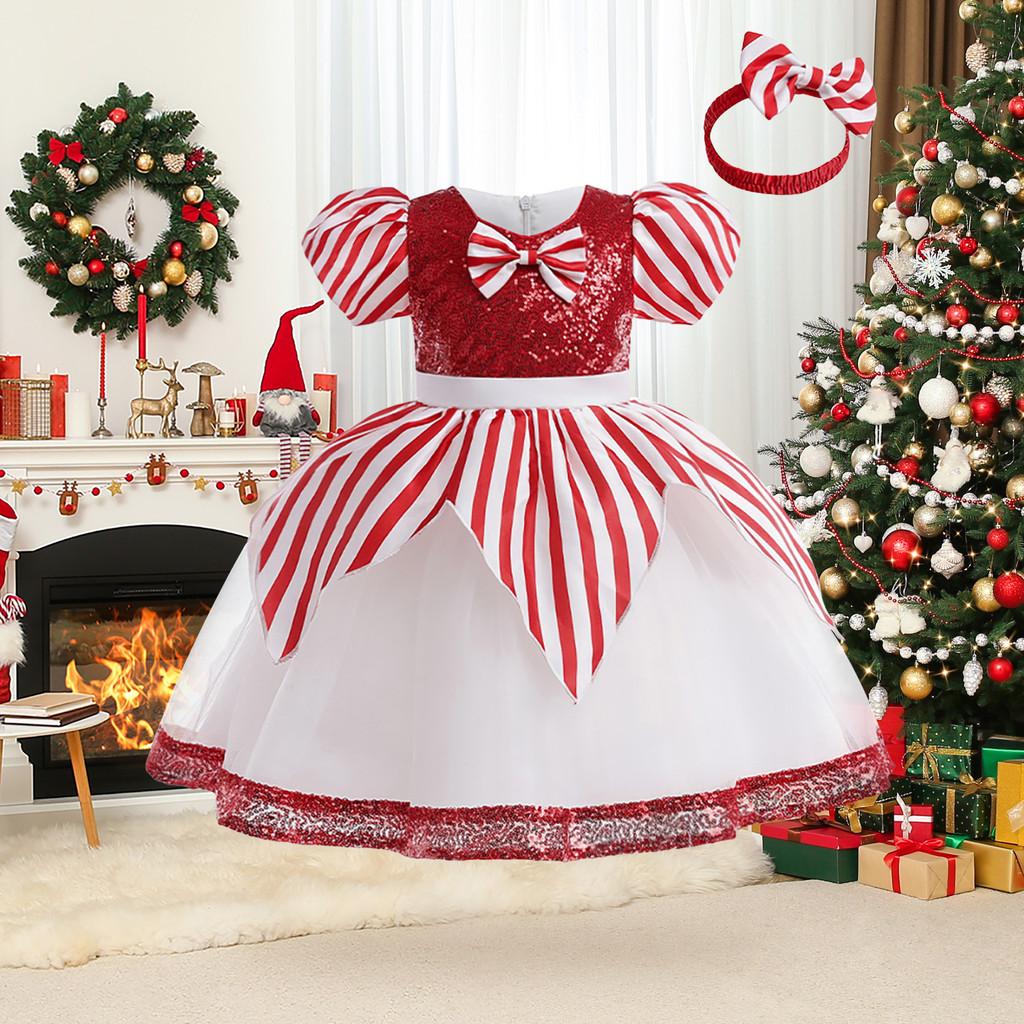Kids Girls Santa Claus Xmas Elf Bow Sequins Princess Dress Children Christmas New Year Cosplay Costumes Kindergarten Performance Role Play Outfit