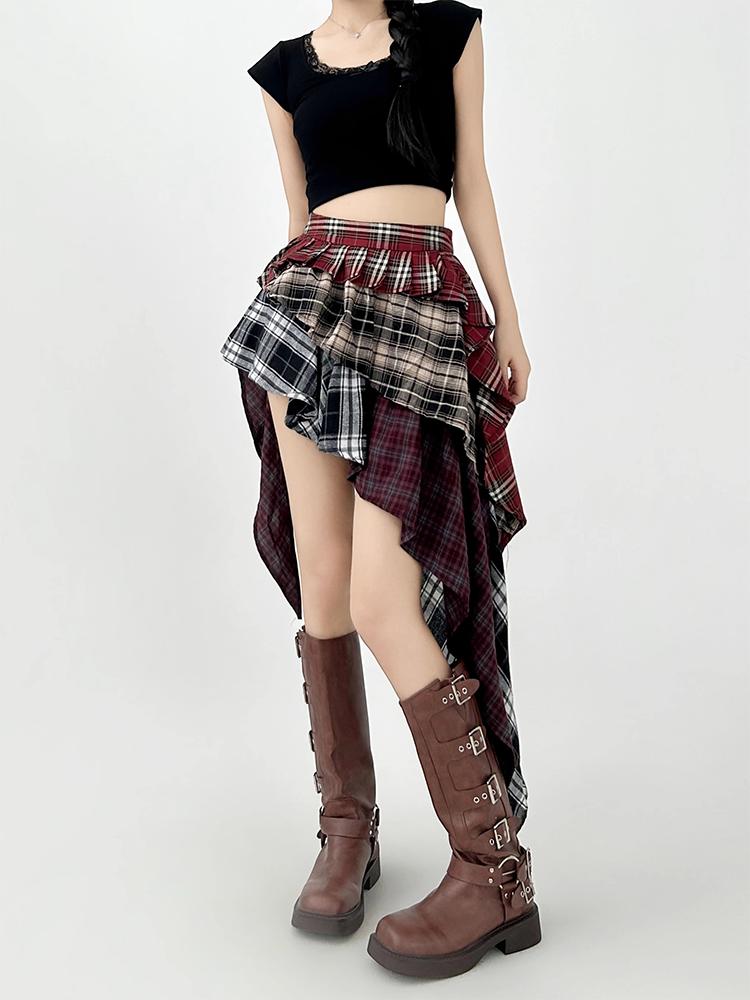 Damen A-Linie Karierter Rock Vintage Mode Ästhetik Y2k Asymmetrischer Minirock Harajuku Koreanischer Rock 2000er Jahre Kleidung Sommer