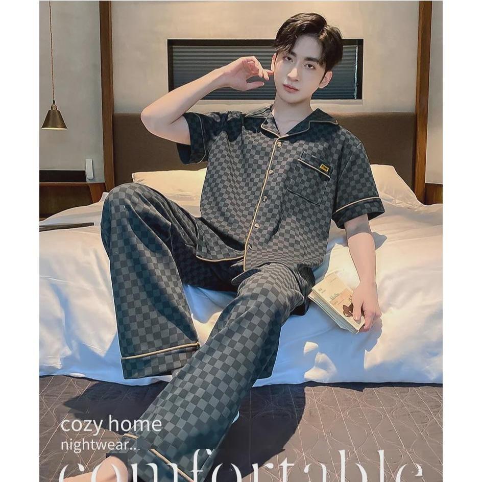 Set de pijama pentru bărbați din bumbac 100% cu carouri, cu mânecă scurtă și cardigan