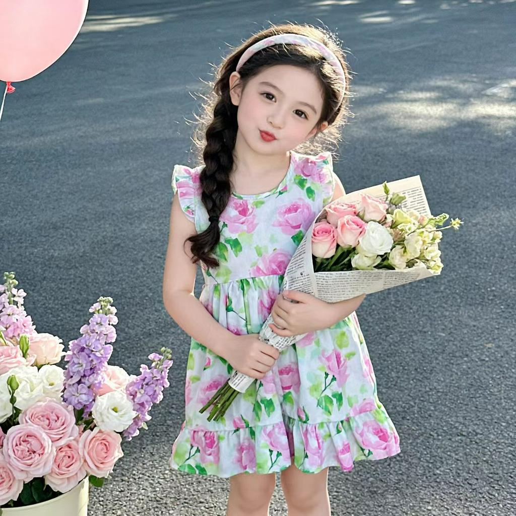 Children's Cotton Silk Skirt Summer Thin Girls Floral Flying Sleeve Dress Lady Treasure Princess Western Style