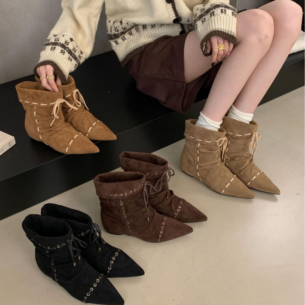 

2025 new Korean version round head lace-up thick-soled inner slope heel low tube thin Martin women s short boots 39 хаки