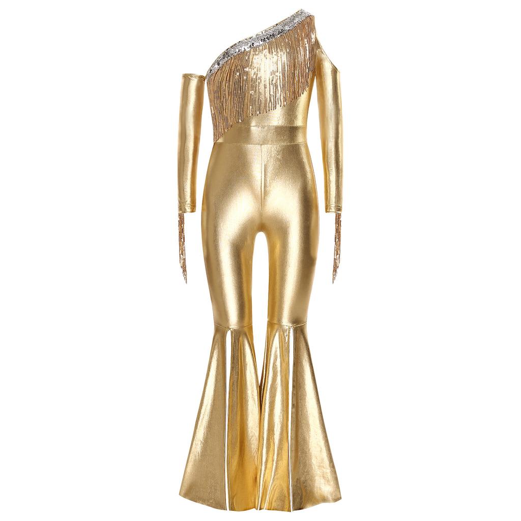 Girls Pageant & Stage Romper: Metallic Shiny Off Shoulder Jumpsuit with Sequin Tassels & Bell Bottom Legs for Disco