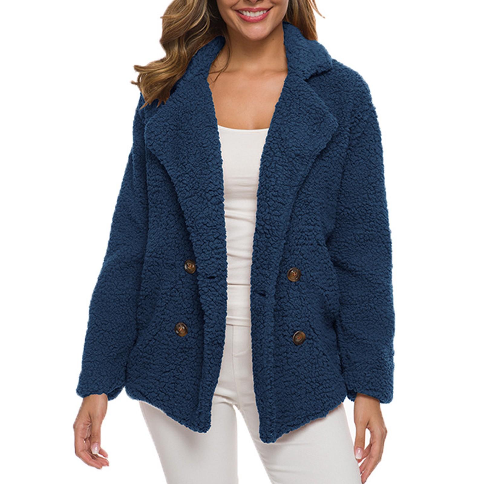 

Женский зимний повседневный утепленный костюм с воротником на пуговицах, куртка из овечьей шерсти, кардиган XL тёмно-синий