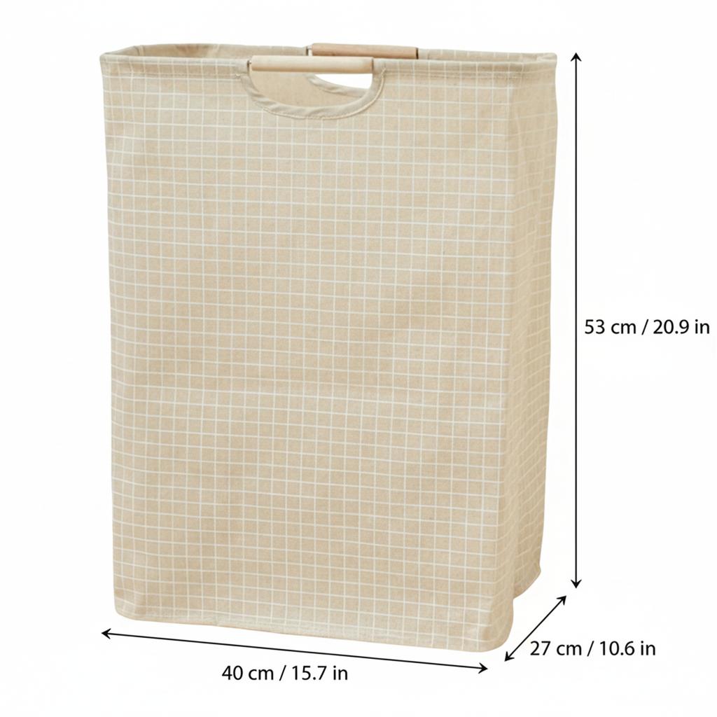 Foldable Cotton Linen Laundry Basket with Wooden Handles Waterproof Lining for Home Bedroom Bathroom Storage