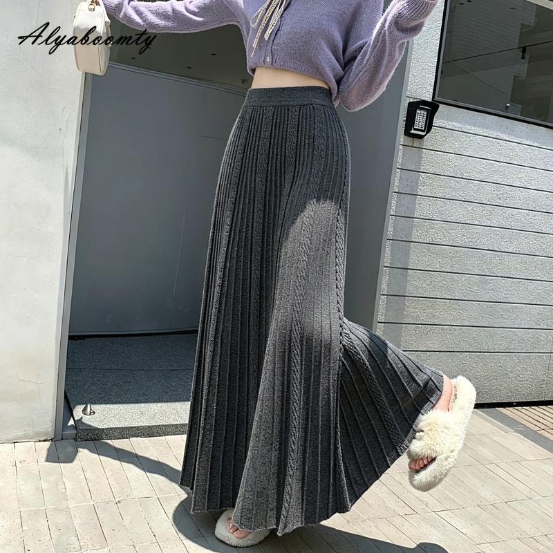 Autumn Winter Women Maxi Long Knitted Skirt High Waist Solid Knitting Pleated Skirt Elegant Feminine Ladies' Fairy Warm Skirt