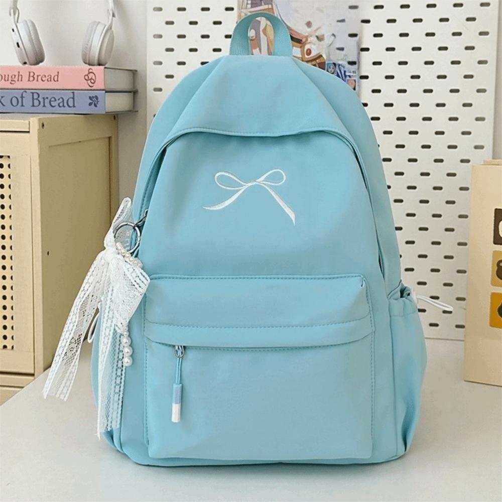 Cute Embroidered Bow Girls Backpack Nylon Large Capacity Students Schoolbag Lightweight Solid Color Travel Rucksack
