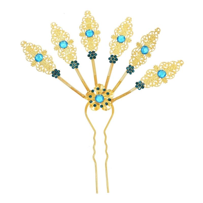 Alloy Peacocks Leaf Hair Stick Hairpieces with Rhinestones Thai Ethnic Hair Ornament Daily Hairstyle Embellishment