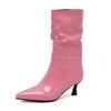FOREADA Women Patent Leather Mid Calf Boots Pointed Toe Thin High Heels Pleated Ladies Fashion Shoes Autumn Winter Rose Red 46