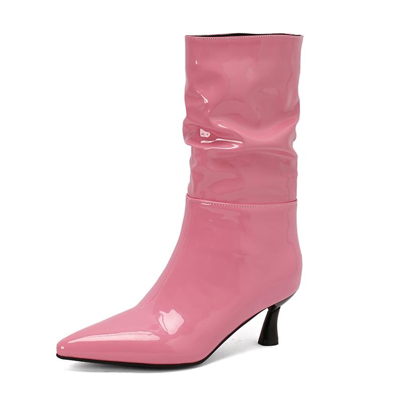 FOREADA Women Patent Leather Mid Calf Boots Pointed Toe Thin High Heels Pleated Ladies Fashion Shoes Autumn Winter Rose Red 46