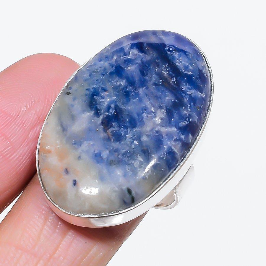 

Натуральный содалит, драгоценный камень, ручная работа, серебро 925 пробы, ювелирное кольцо, размер 9 k8O45