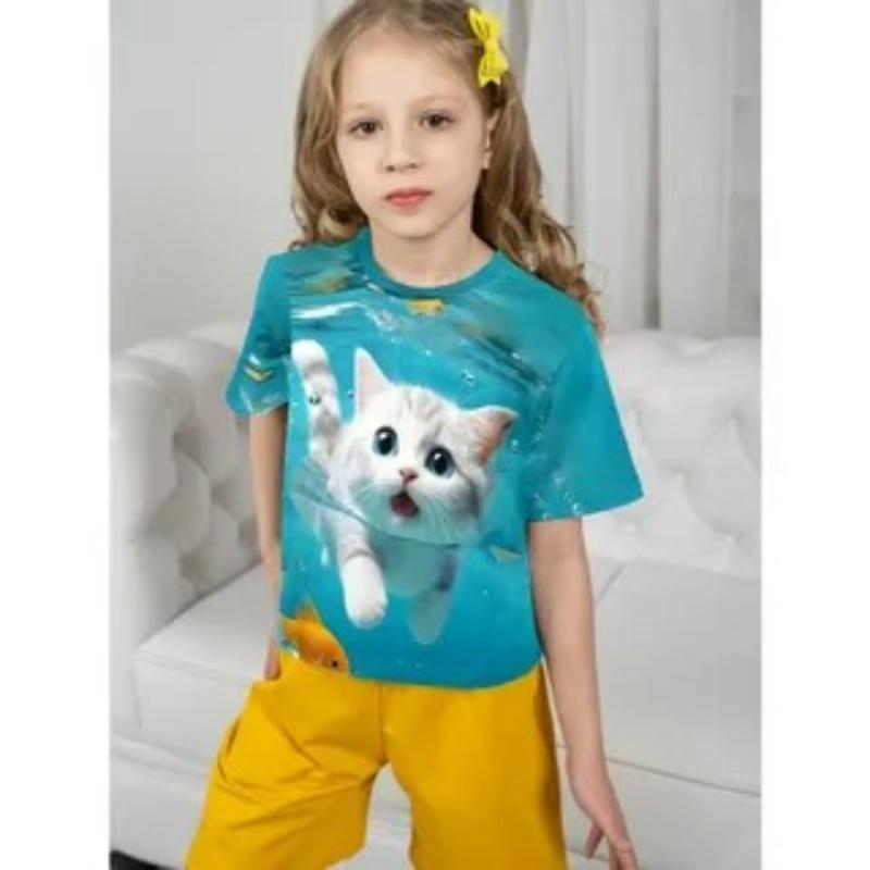 Children's Cartoon Kitten Printed Cute T-Shirts Girls Fashionable Soft Comfortable T-shirt