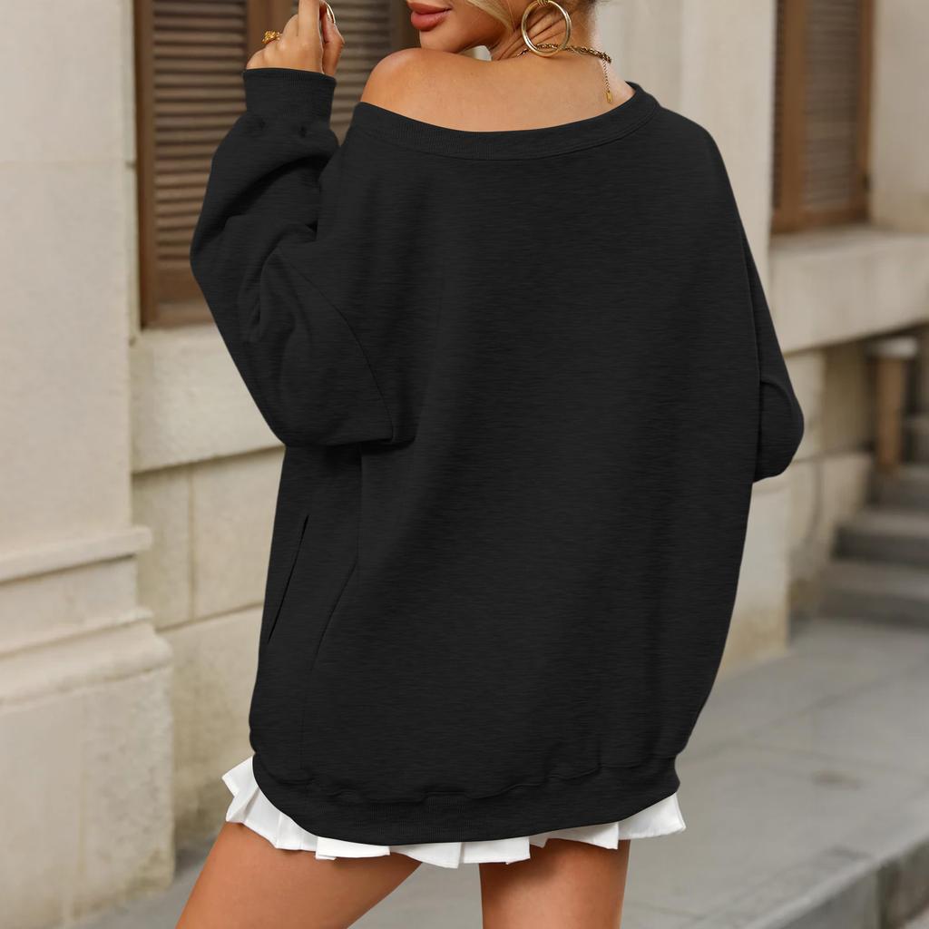 Women's Casual Fashion Solid Color Off-shoulder Long-sleeved Loose Sweatshirt With Pockets