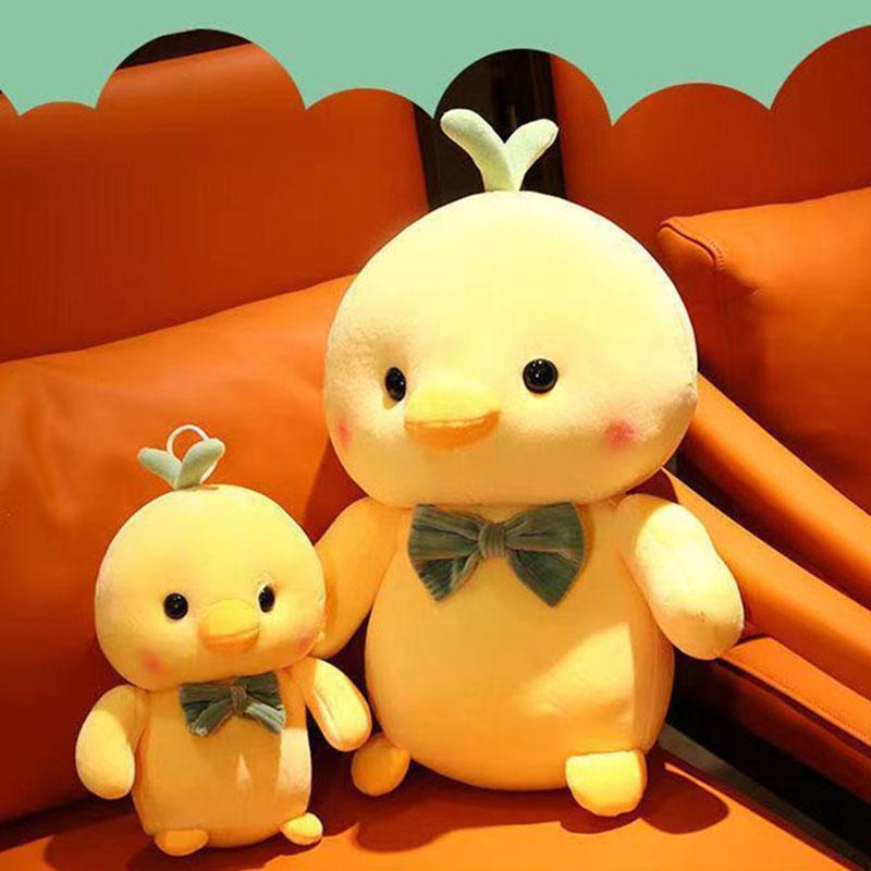 Soft Duck Plush Toy Cute Yellow Stuffed Animal Duck With Green Bow Kawaii Plushie Pillow For Sleeping Companion Room Decor