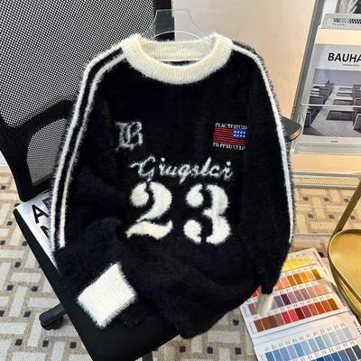 Unisex Trendy American-Style Letter Jacquard Mohair Sweater - Relaxed Fit, Round Neck Streetwear Knitwear for Couples