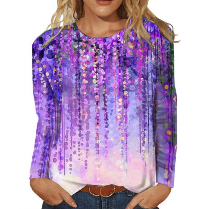 New Women's Round Neck Long Sleeve Loose Printed T-Shirt Ladies Top