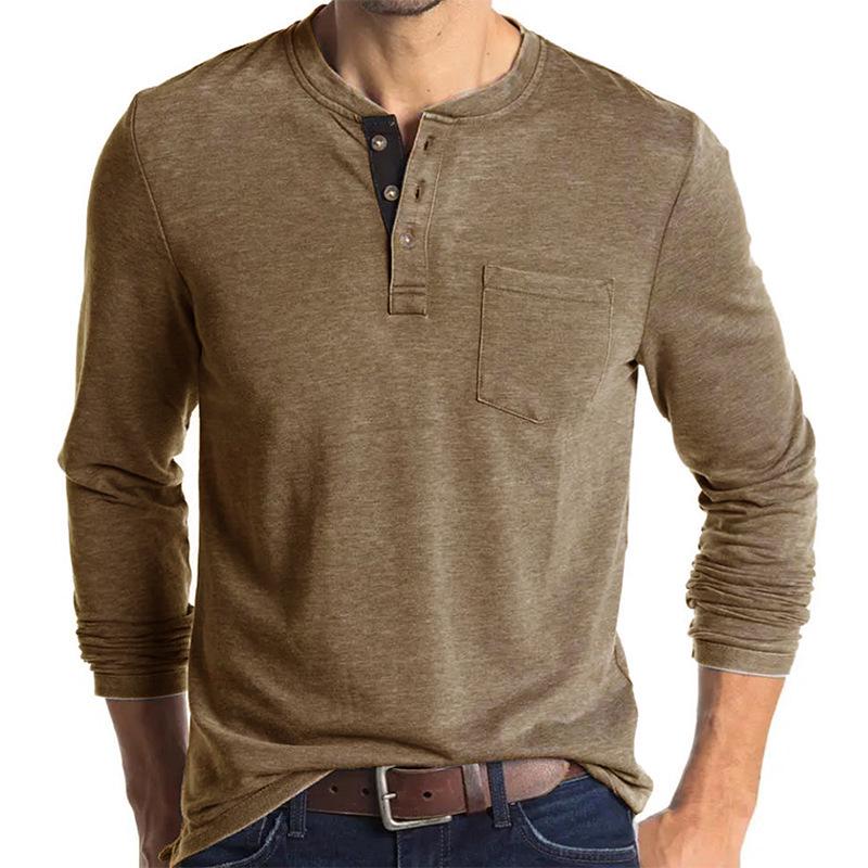 Men's Long-Sleeve Henley Crew Neck T-Shirt for Autumn and Winter