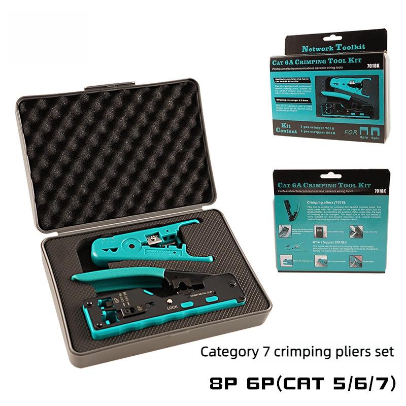Multifunction Network Cable Crimping Tool Set with Tester Cat5 Cat6 Cat7 Pass Through RJ45 RJ11 Crimper Kit for Home Wiring Repa 7018K